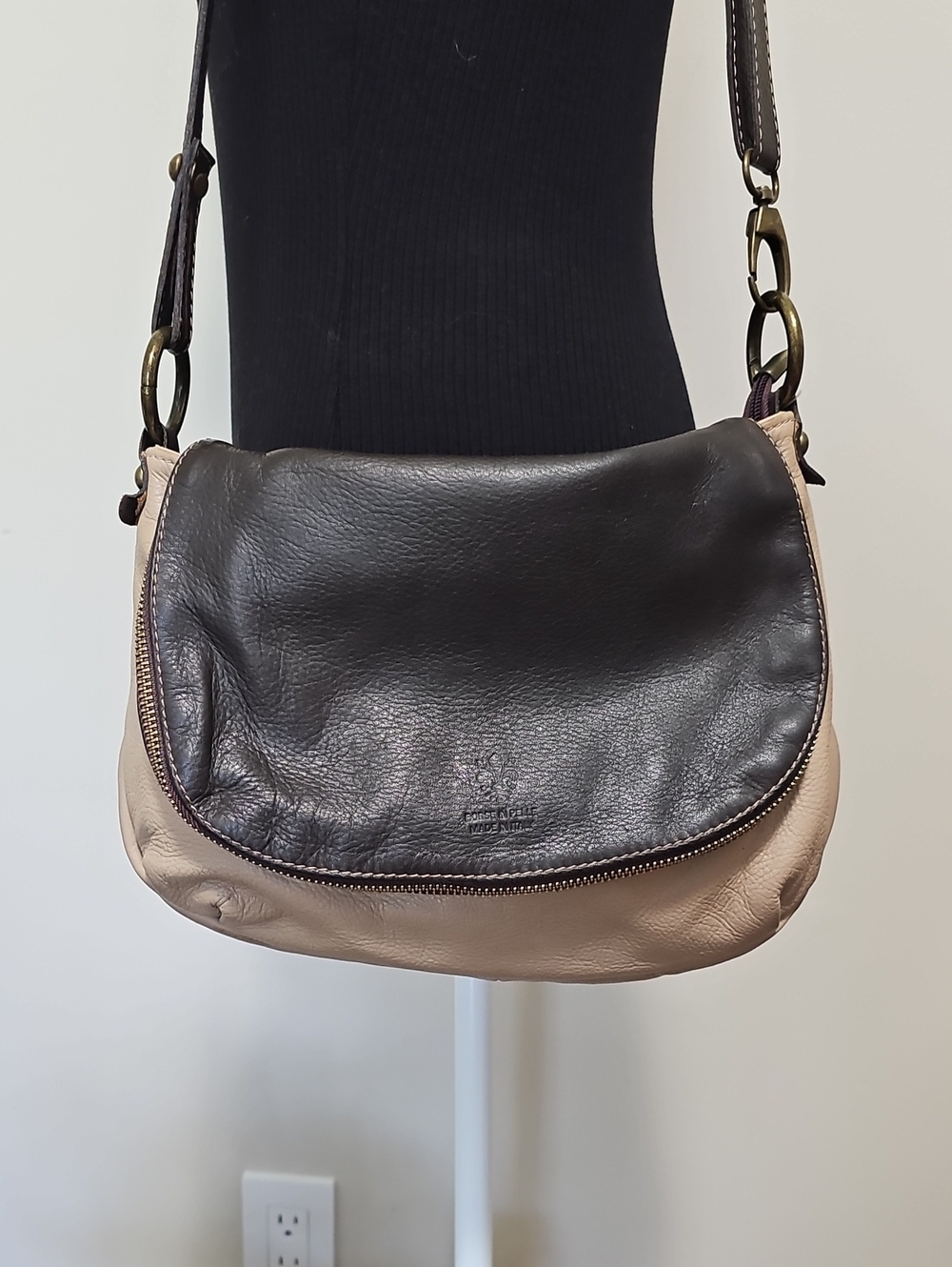 Two-Tone Leather Crossbody Bag in Brown & Beige